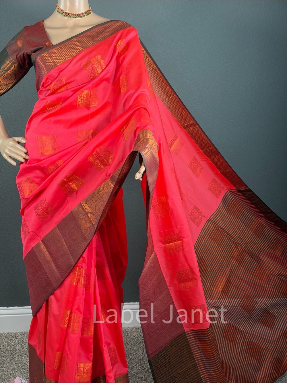 Vibrant Pink & Brown Silk Saree with Gold Motifs & stitched blouse